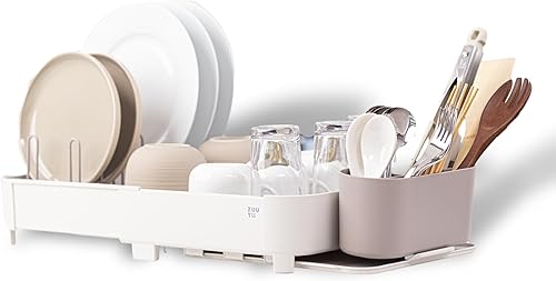 Zuutii Escurridor de platos con escurridor, expandible (17.5-25.4 pulgadas), escurridor de platos grande para fregadero con soporte para utensilios,