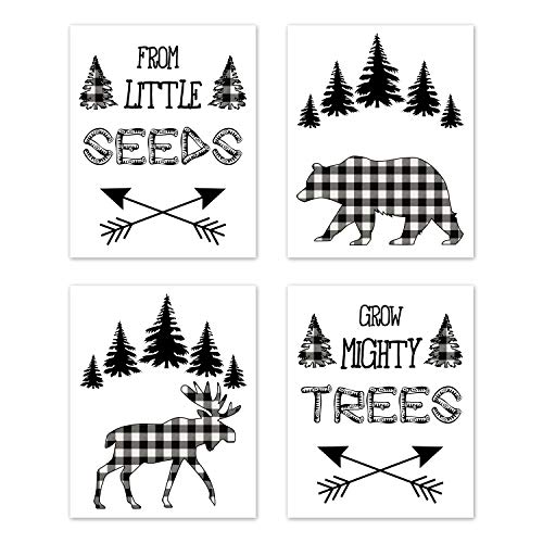 Sweet Jojo Designs Forest Animals Plaid Wall Art Prints Room Decor for Baby, Nursery, and Kids - Set of 4 - Black and White Buffalo Check Bear Moose Arrow