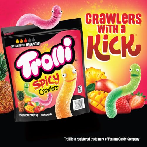 Trolli Spicy Crawlers Gummy Worms, 40 oz Stand Up Bag | Strawberry habanero, mango habanero, pineapple habanero gummy worms, resealable bulk size bag, party candy, sharing, snacking - image 2