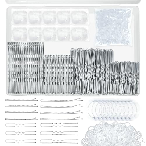 510PCS Silver Bobby Pins Hair Pins Kit with Hair Net YINGFENG Includes 100 Bobby Pins for Women 100 U-Shaped Buns Hair Clips 300 Hair Bands and 10 White Hair Nets Dance competition must haves
