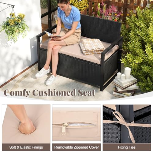 Image of Tangkula 40 Gallon Outdoor Bench with Storage, Patio Wicker Storage Bench with Cushion, Cover, Metal Frame, Deck Box Seat for Backyard, Poolside, Balcony, Garden