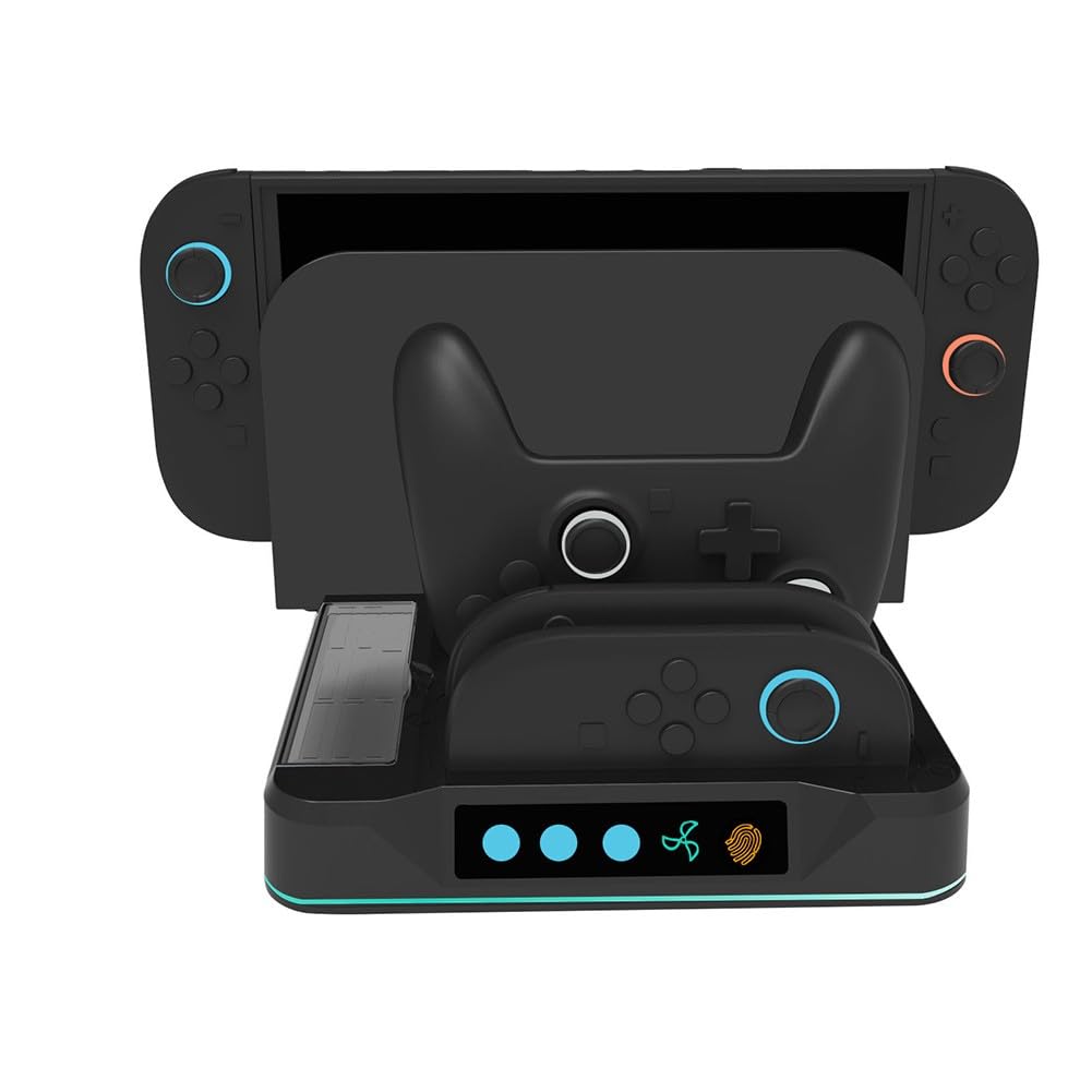 Dock di ricarica per Nintendo Switch 2 con sistema di raffreddamento, stazione di ricarica controller e archiviazione cartuccia di gioco, materiale ABS, 20 x 18 x 4 cm, nero