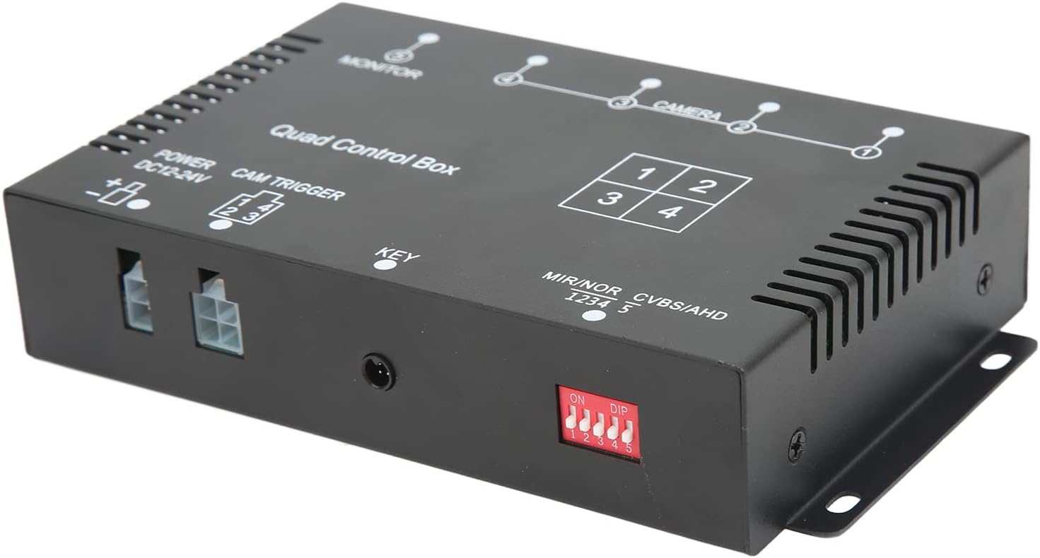 4 Channel Video Splitter, 1080P AHD Video Screen Switch for RV Truck Bus Trailer with 4 Channels Audio Input, Supports License Plate Numbers Overlay