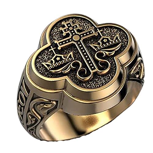 Gothic Cross Ring for Men, Vintage Libra Zodiac Sign Ring Viking Gold Cross Crown Ring for Boys (7)