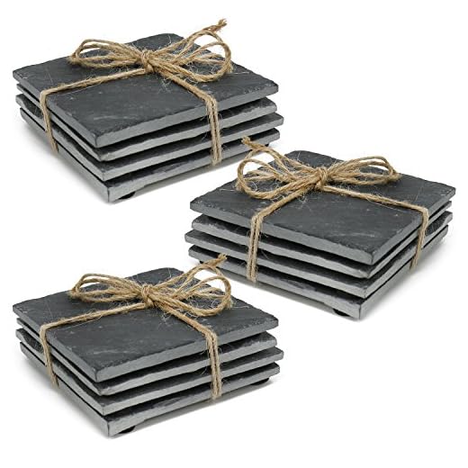 com-four® 12x Posa Vasos de Pizarra - Posavasos de Vidrio con Patas de Goma Antideslizantes - Piedra Pizarra de Mesa Decorativos - Aprox. 10 x 10 cm (Angular - Borde Liso - 12 Piezas)