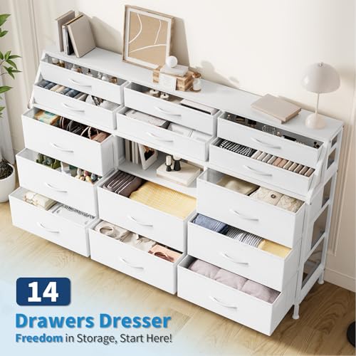 Dresser for Bedroom with 14 Drawers, 55" W Dresser with Side Pocket, Fabric Dressers & Chests of Drawers with Shelves, Sturdy Frame, Wood Top