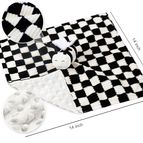 Image of High Contrast Bee Baby Security Blanket for Boys Girls 14 Inch | Super Soft 3D Checkerboard Gingham with Minky Dot Fabric Backing Snuggle Stuffed Animal Shower Gift Black