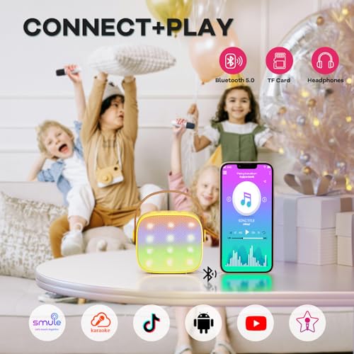 Image of YLL Mini Karaoke Machine for Kids Adults, Portable Bluetooth Speaker with 2 Wireless Microphones, Birthday Gifts Toys for Girls Boys Ages 3, 4, 5, 6, 7, 8, 9,10,11,12+ Years Old Toddler (Yellow)