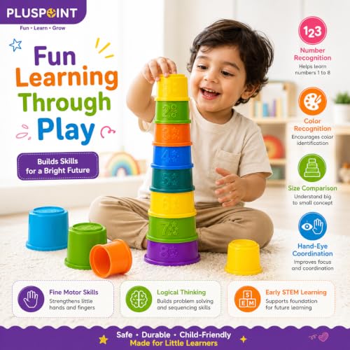 Image of PLUSPOINT Stacking Cups Baby Toy | 8-Piece Rainbow Nesting & Stackable Cups with Numbers | Montessori Educational Learning Toy for Babies 6-12 Months & Toddlers 1-3 Years