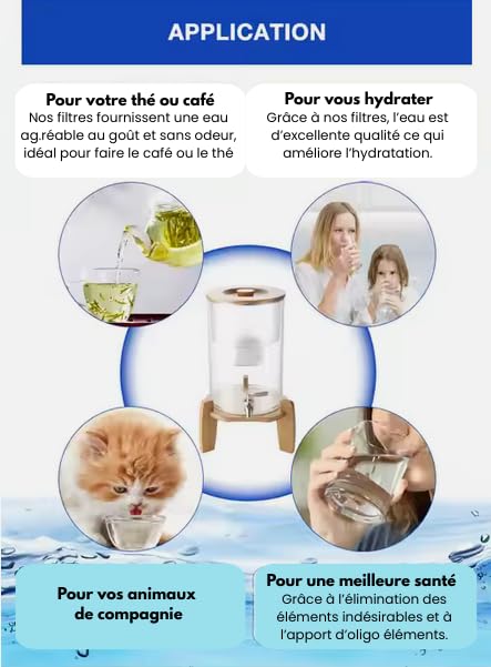 Système de filtration d'eau par Gravité 8L livré avec 2 filtres | Purificateur d’eau | Fontaine à eau filtrante en Verre | Carafe filtrante | Alcalinisant