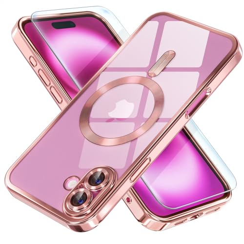 Misea Magnetic for iPhone 16 Case with MagSafe [Never Yellowing] [Military Grade Drop Protection] Full Camera Lens Protector Plating Soft Clear Phone Case for Women Girls 6.1 inch, Pink