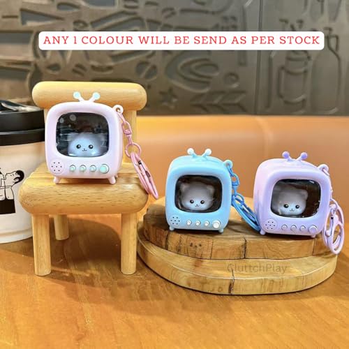 Image of Cute Retro TV Cat Keychain with LED Glowing Night Light Miniature Animated Doll Pendant Backpack Charm Cartoon Keyring Birthday Gift for Kids Friends (Mini TV)