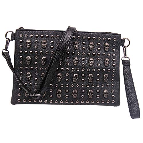 Chikencall Women Gothic Skull Rivet Clutch Purse Studded Shoulder Cross-Body Bag