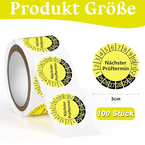 100 Stück Prüfplaketten Nächster Prüftermin 30MM Jahresprüfplakette 2025-2030 Gelb prüfsiegel elektrogeräte Mehrjahresprüfplaketten Polyvinylchlorid Wartungsetiketten für Prüfung