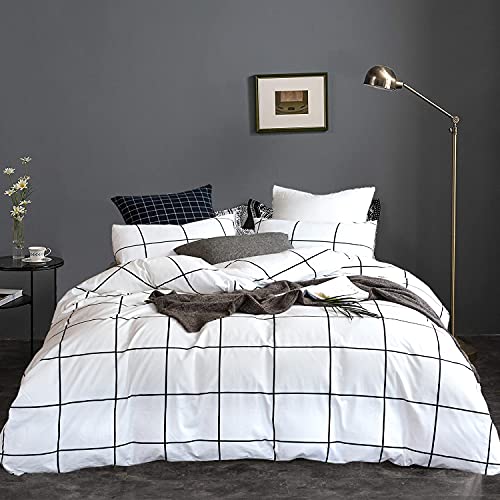 Image of KAREVER White Grid Comforter Set Bedding Set Cal King White Black Plaid Printed Stripes Women 3 PCs Checkered Bed Set