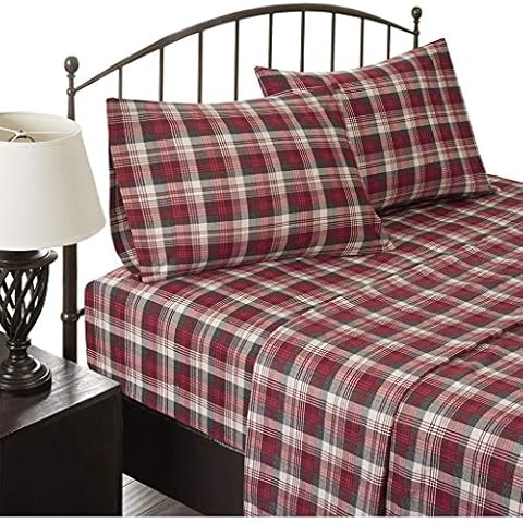 Woolrich Cotton Sheet Set Cottage Charms Print, 100% Cotton Flannel Sheets Warm & Fuzzy Bedding Set Queen Size Sheets, Fitted Pocket Fits Up to 14" Mattress, Queen Red Plaid, 4 Piece Cover