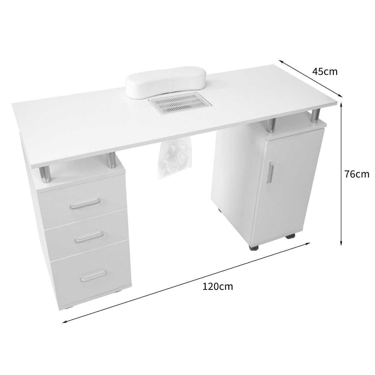 Tavolo Professionale per Manicure in MDF 120x45cm 3 Cassetti Collettore Polvere 6W Cuscino Ergonomico 8 Rotelle Frenanti