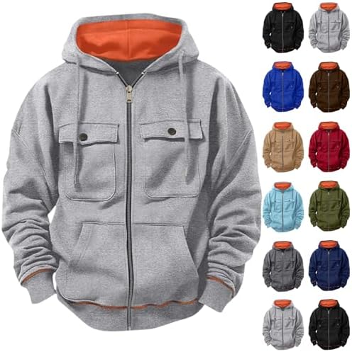 Mens Zip Up Hoodies Plus Size Casual Long Sleeve Hooded Sweatshirt Fleece Drawstring Jacket with Pockets