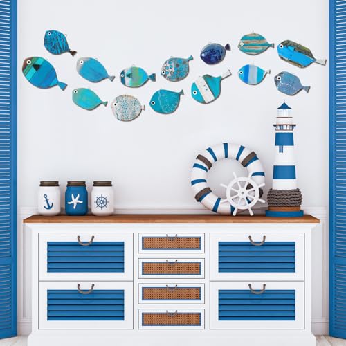 Spiareal RU-SPIAREAL-1827 15 Pcs Wood Fish Nautical Wall Decor Wooden School Of Fish Wall Art Vintage Hanging Beach Wooden Wall Art Decor Ocean Coastal Theme Fish Ornaments thumb #2