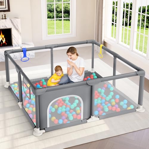 Image of Dripex Baby Playpen, 47 inchx47 inch Small Play Pen for Babies, Grey | Breathable Visible Mesh, Anti-Fall Design, Easy Setup, Indoor /Outdoor Use