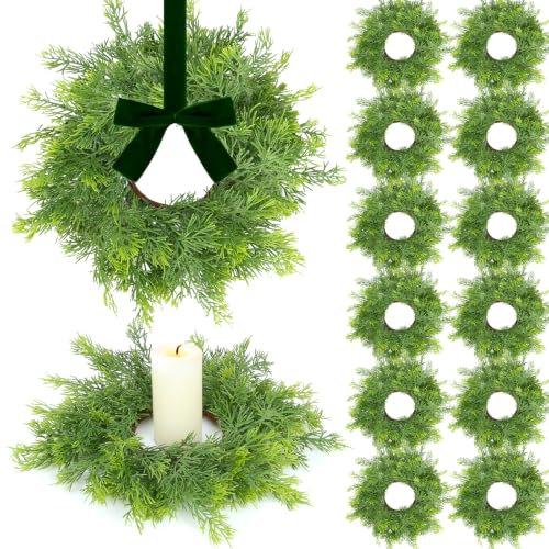 Image of 12 PCS Christmas Candle Rings Wreath Artificial Green Norfolk Cedar Mini Candle Ring Holder Small Wreaths for Xmas Cabinets Kitchen Windows Home Wedding Table Centerpiece Door Window Chair Wall