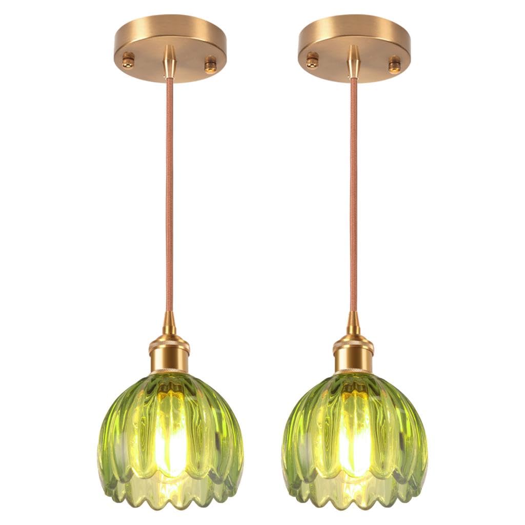 Lot de 2 Suspension en Verre Verte Fleur Vintage Laiton Doré Lustre Salon Moderne Éclairage de Plafond Art Déco Intérieure Suspendues Pour Salle à Manger Chambre Cuisine