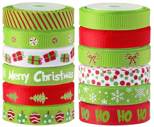 RINOLY 12 Rolls Christmas Ribbon for Gift Wrapping 3/8 Inch,60 Yards Holiday Grosgrain Ribbon for Crafts DIY Christmas Decorations