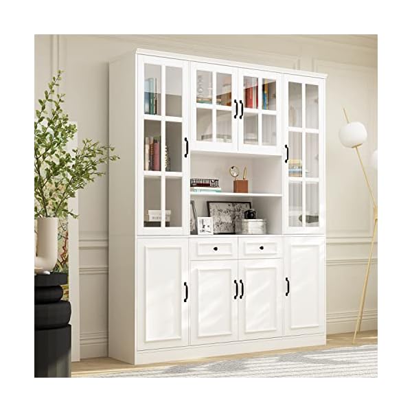 Homsee Tall Bookcase Bookshelf with Storage Shelves, Drawers & 4 Glass Doors, Wooden Display Storage Cabinet with 15 Compartments for Home Office, Living Room, White (63”W x 15.7”D x 78.7”H)