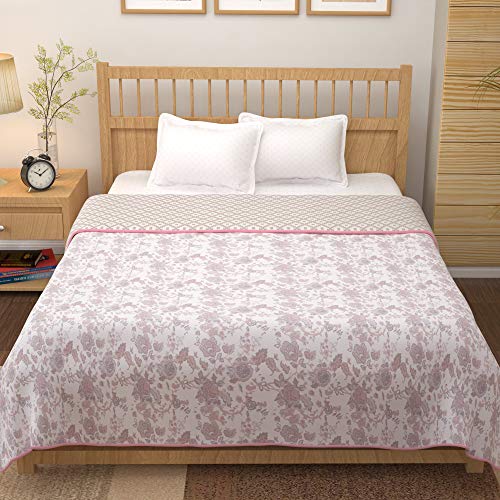 Image of Story@Home Dohar Double Bed Cotton 100% | 150GSM 225 x240 cm Quilt AC Blanket for Summer | AC Comforter Double Bed | Baby Pink & White, Floral Reversible Design Duvet | All-Season Blanket