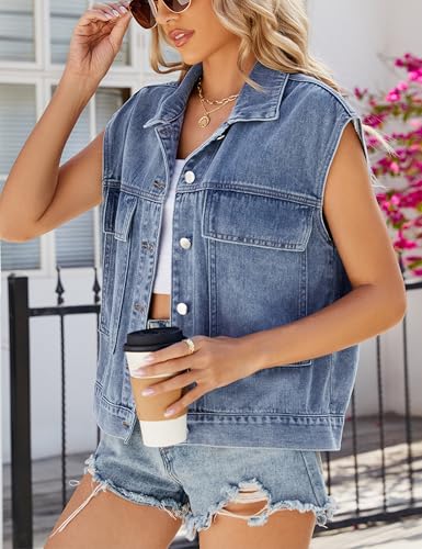 Women's Denim Jean Vest Casual Button Sleeveless Jean Jacket Vintage Denim Waistcoat with Pockets4