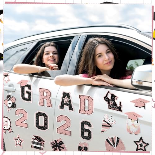 Image of Landhoow 30 Pcs Graduation Car Magnets 2026 Senior Graduation Car Decoration Bumper Sticker Congrats Grad Magnet Magnetic Refrigerator Decal for Grad Parade Party Supplies(Black, Pink)