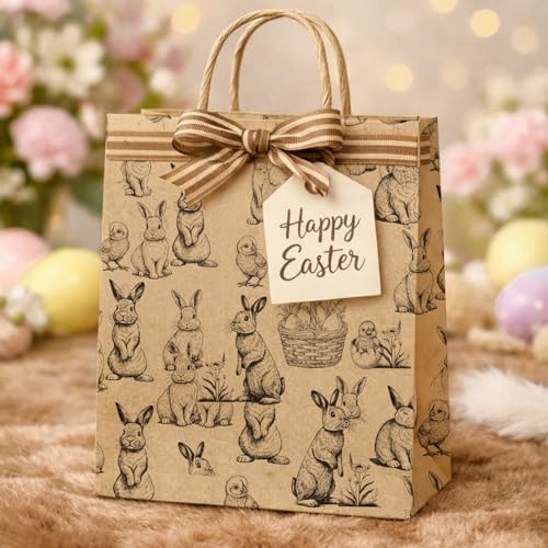 Wikadlik Kraft-Oster-Geschenkpapierrolle mit Schnittlinien auf der Rückseite - Häschen-Küken-Muster Geschenkpapier für festliche Bastelarbeiten und Dekorationen - 43 cm x 10 m