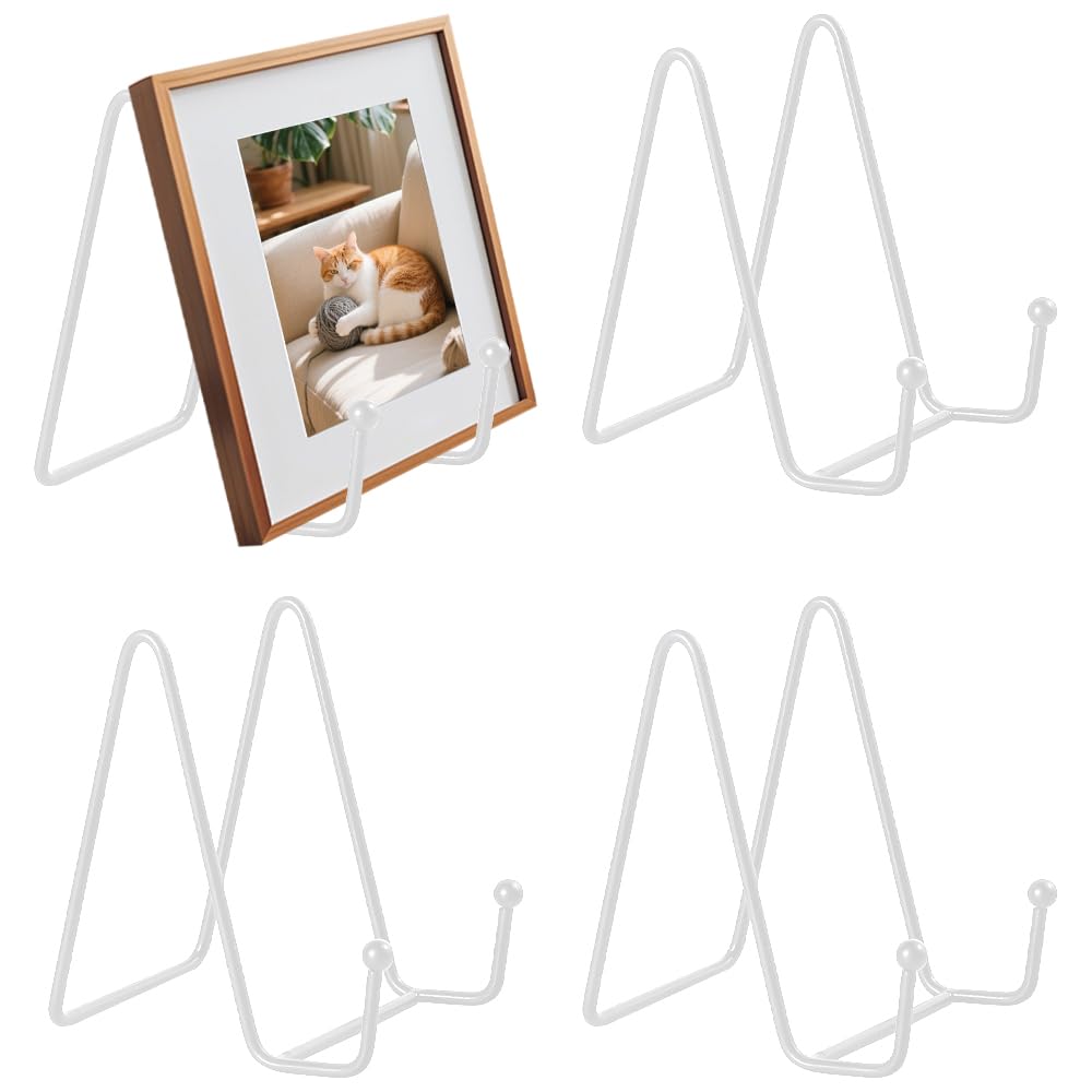 Hiuyavy White Plate Holder Easel Display Stand, 4Pcs 6 Inch Metal Plate Stands, Plate Stands For Display Tabletop Picture Stand For Photo Pictures Decorative Dish (White)