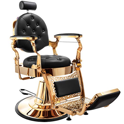 Salon Chair, Baasha Gold Barber Chair All Purpose Reclining Salon Chairs with Heavy Duty Hydraulic, Gold and Black Barber Chair for Hair Stylist, Tattoo Chair Salon Equipment