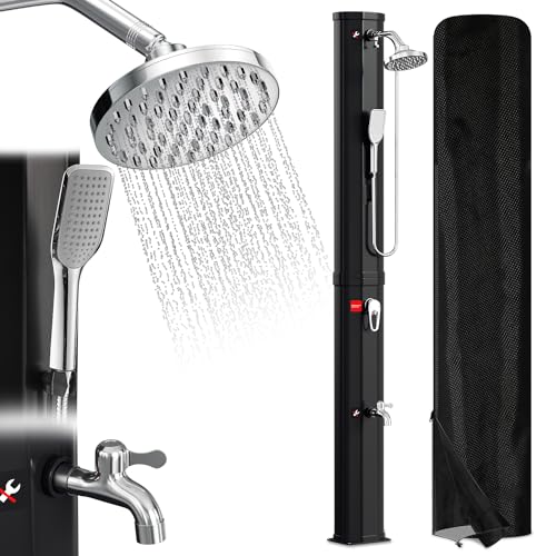 Vigevee Solardusche 60L Solar Gartendusche warmes Wasser Bis Zu 60C ohne Stromanschluss Pooldusche Camping mit Fußdusche und schwenkbarem Regenduschkopf inkl. Montagematerial Schwarz