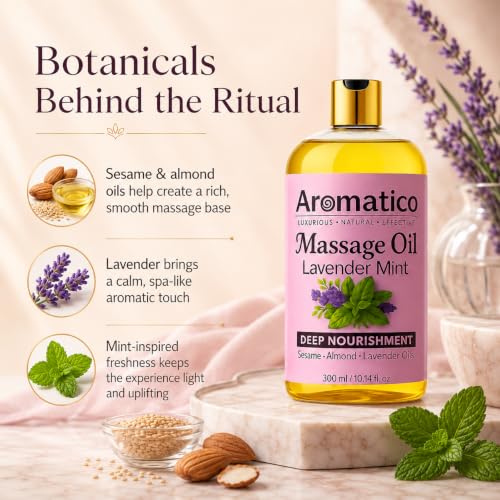 Image of AROMATICO Lavender Mint Massage Oil. Seductive, Sensual Oil for Date Nights -300ml. Intimate, Romantic Massage Oil for Couples. Non-sticky Formula, Natural Ingredients