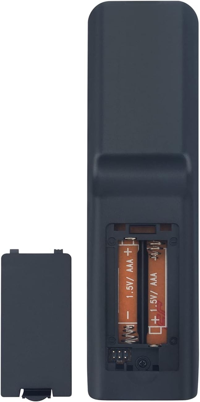 Back view of the remote control with the battery cover removed, showing two AAA batteries inserted.