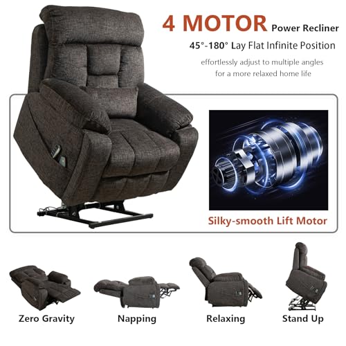 Image of 4 Motor Power Lift Recliner Chair for Elderly, 400LBS Big Man Oversized Lay Flat Recliner with Massage Heat, Zero Gravity Electric Lift Chair, Adjustable Headrest, Cup Holders,Dark Grey