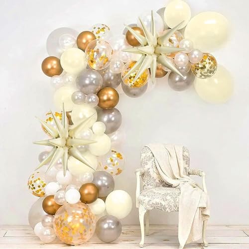 Image of TONIFUL 4 Pcs Explosion Star Balloons Cream White Foil Balloon Party Decor | 22 Inch Large Mylar Star Balloon for Cream Party Decor Boho Birthday Wedding Bridal Shower Neutral Baby Shower Engagement
