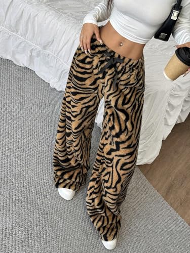 Image of ZAFUL Women's Fuzzy Plush Pajama Pants Wide Leg Pj Bottoms Lounge Pants | Soft Fluffy Sleep Pants Drawstring Elastic Waist Teddy Pjs for Women No Pockets