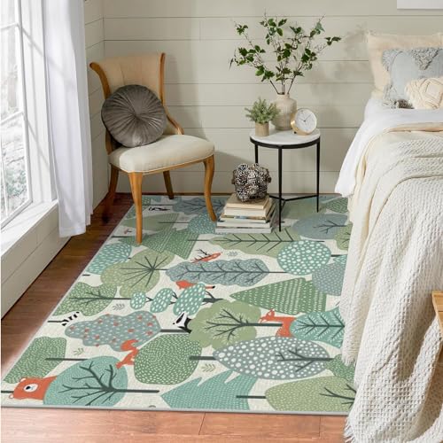 buyluhn Waschbar Wohnzimmer Teppich Waldtiere 70x140 Kurzflor Schlafzimmer, Grün Gegend Dünn Bettvorleger Saugfähig für Jugendzimmer Jungen Mädchen