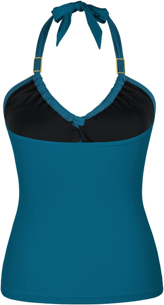 Hilor Women's Retro Halter Tankini Swimsuit Top Front Twist Swimwear Top Ruched Tummy Control Bathing Suit Tops