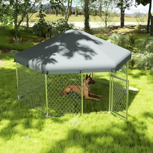 FIVMEN Outdoor Hundezwinger 210x185x150 cm Groß Hundekäfig Hundehütte Hundehaus Verzinkter Stahl mit Sonnenschutz Dach und Abschließbarer Tür Hundezaun Hundeauslauf Draußen