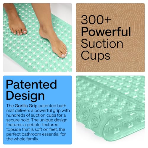 Image of GORILLA GRIP Patented Bath Tub Shower Mat, Machine Washable Bathtub Floor Liner Mats, Suction Cups and Drain Holes to Keep Tubs Clean, Soft on Feet, Bathroom Essentials, 35x16 Inch, Clear Green