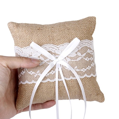 Adeeing Ring Bearer Pillow Burlap Lace Vintage Wedding Ring Bearer Jewelry Pillow Cushion,6 X 6 Inch #TOP3