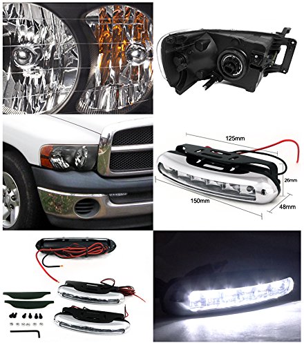 SPEC-D TUNING Diamond Black Headlights+LED Bumper DRL Fog Lamps Made For 2002-2005 RAM Ram 1500 2500 3500