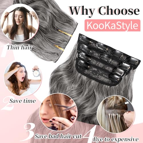 Image of KooKaStyle Clip in Synthetic Hair Extensions Long Wavy 4PCS Thick Hairpieces Grey Sliver Mixed Fiber Double Weft Natural Hair Extensions 20 Inch for Women