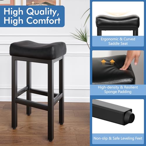 Image of 29 Inch Bar Height Bar Stools Set of 2, 29 inch Barstools for Kitchen Island Counter, Backless Bonded Leather Bar Height Stools with Thick Saddle Seats & Heavy Duty Metal Base, Easy Assembly, All Black