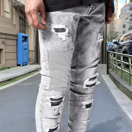 Stretch Jeans for Men Slim Fit Mid Rise Patch Ripped Distressed Skinny Jeans Tapered Casual Denim Pants4