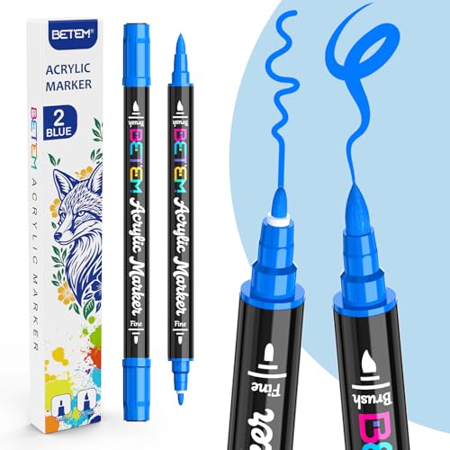 Image of Betem 2 Blue Paint Markers for Glass, Dual Tip Acrylic Paint Pens